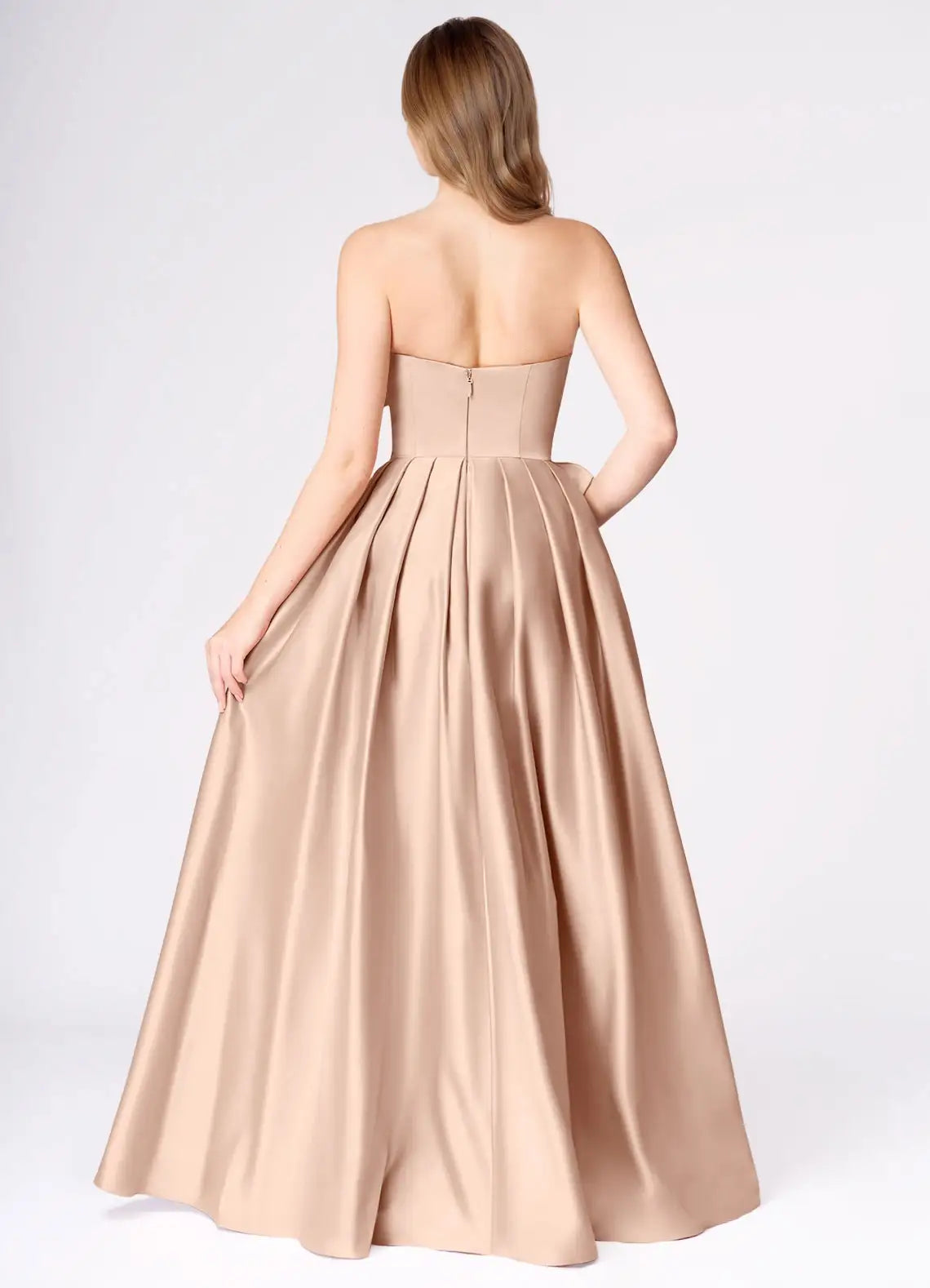 A-line Strapless Pleated Bow Champagne Maxi Prom Dress With Slit