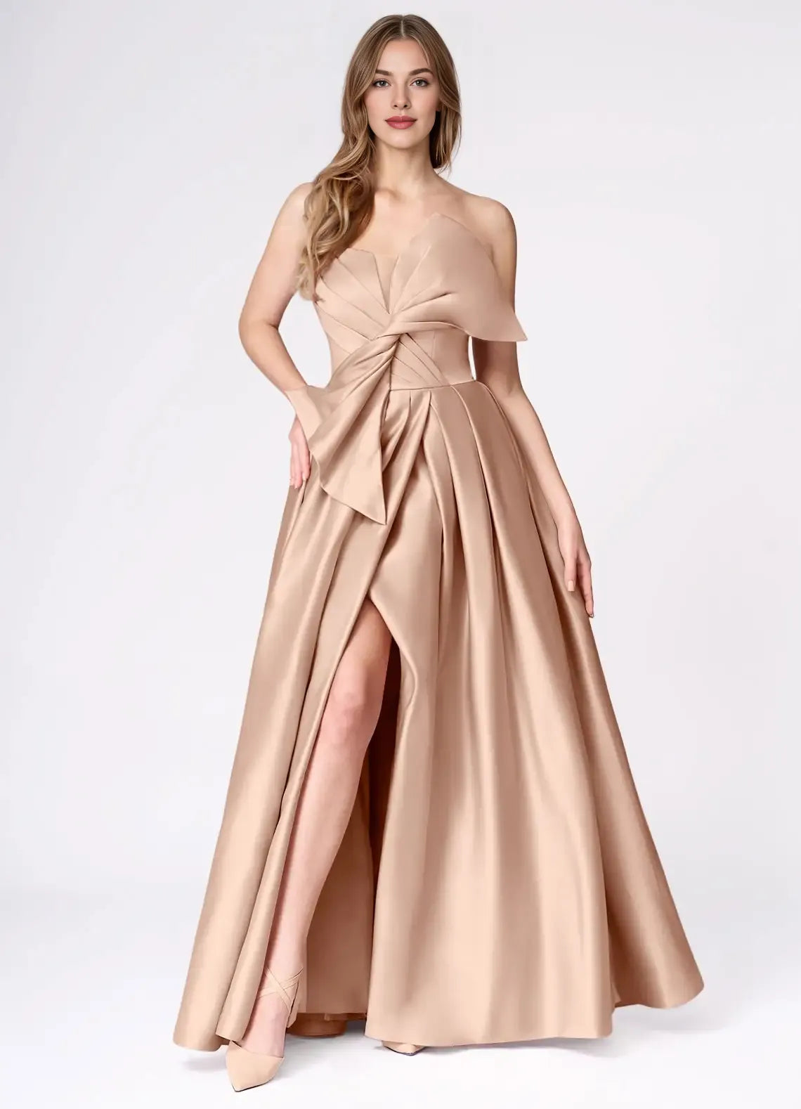 A-line Strapless Pleated Bow Champagne Maxi Prom Dress With Slit