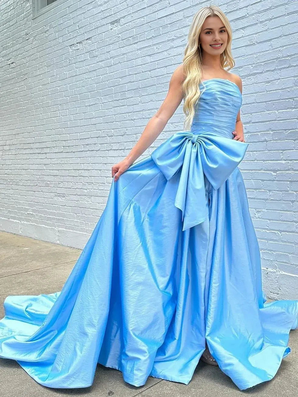 A-line Strapless Pleated Bow Taffeta Sky Blue Long Prom Dress With Slit