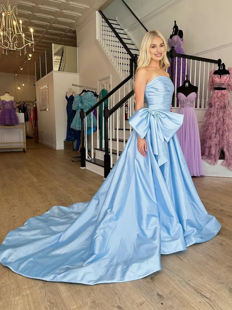 A-line Strapless Pleated Bow Taffeta Sky Blue Long Prom Dress With Slit