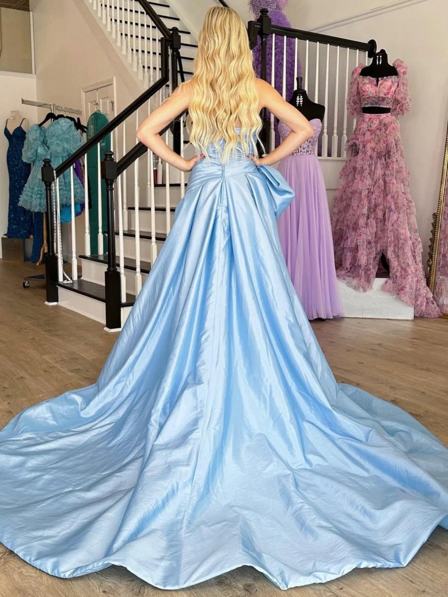 A-line Strapless Pleated Bow Taffeta Sky Blue Long Prom Dress With Slit