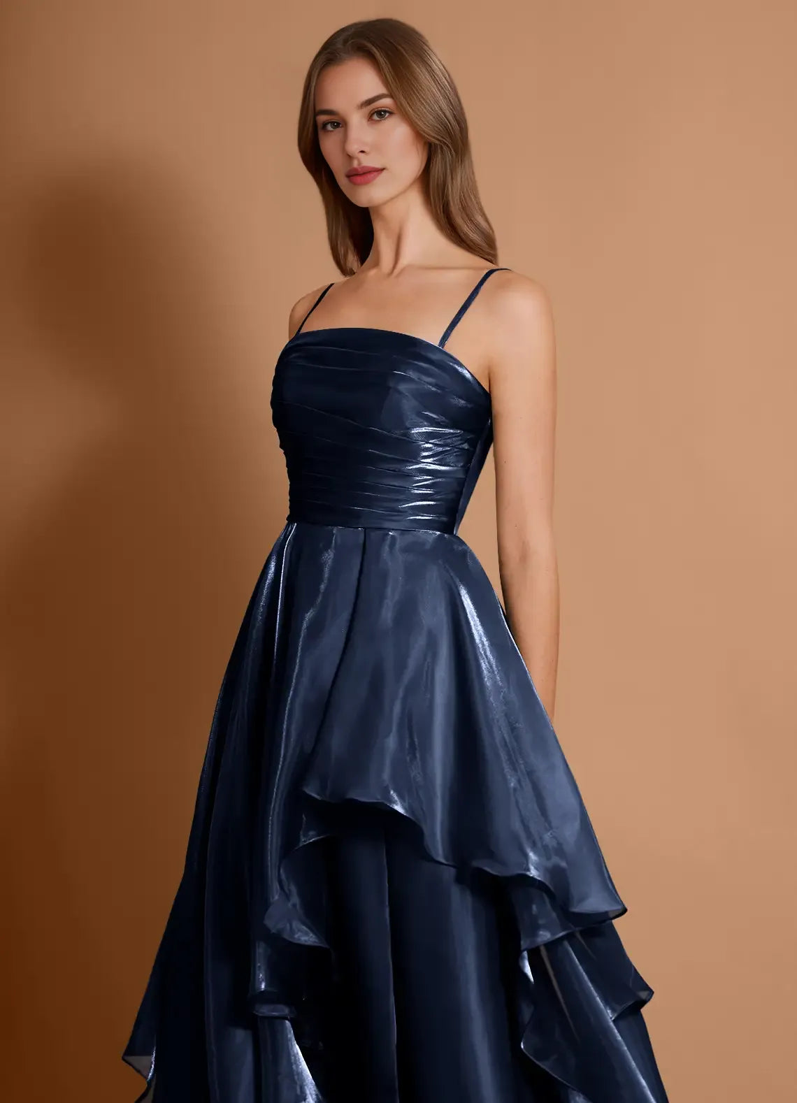 A-line Strapless Pleated Chiffon Navy Full Length Evening Dress With Slit