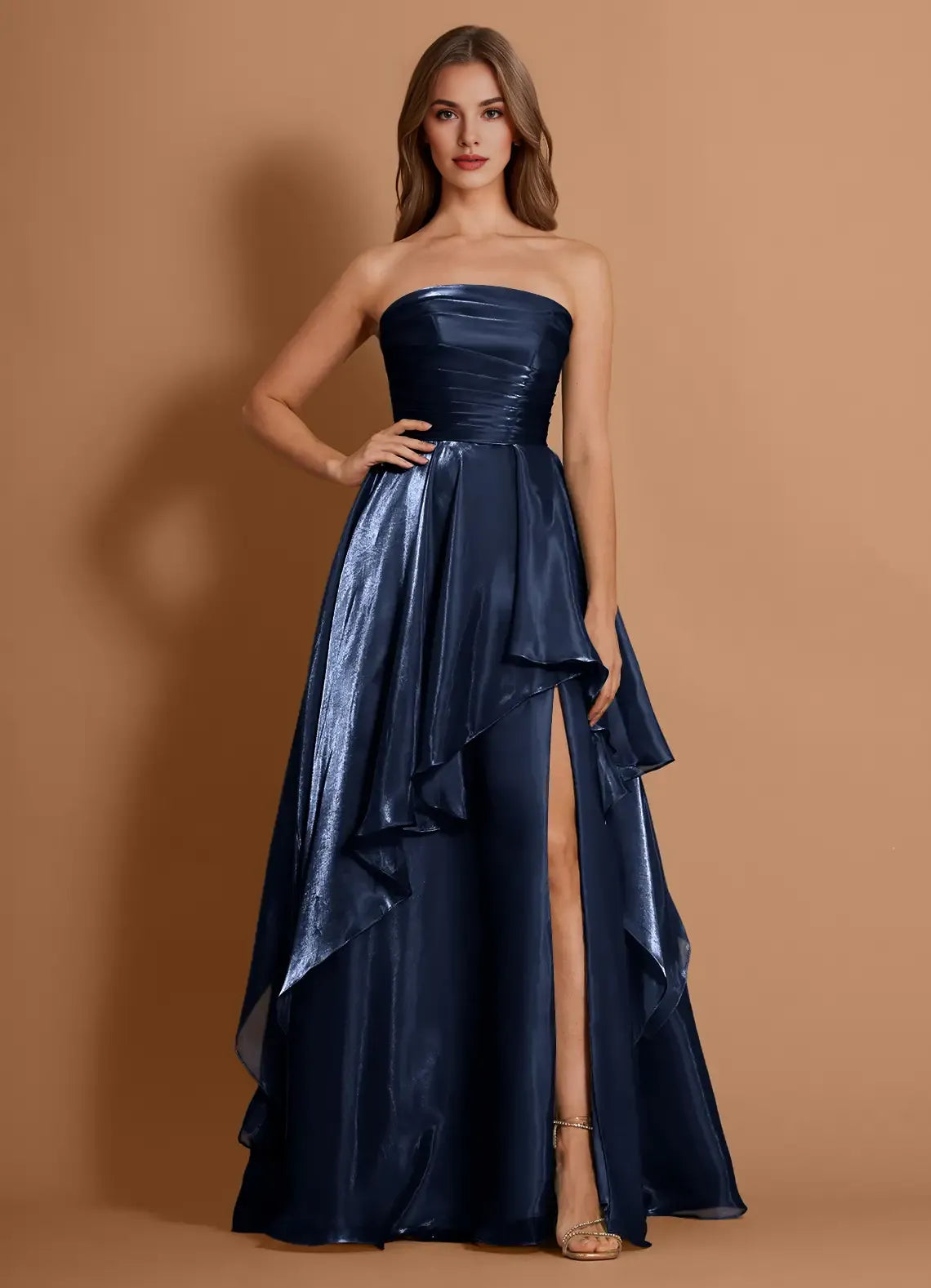 A-line Strapless Pleated Chiffon Navy Full Length Evening Dress With Slit