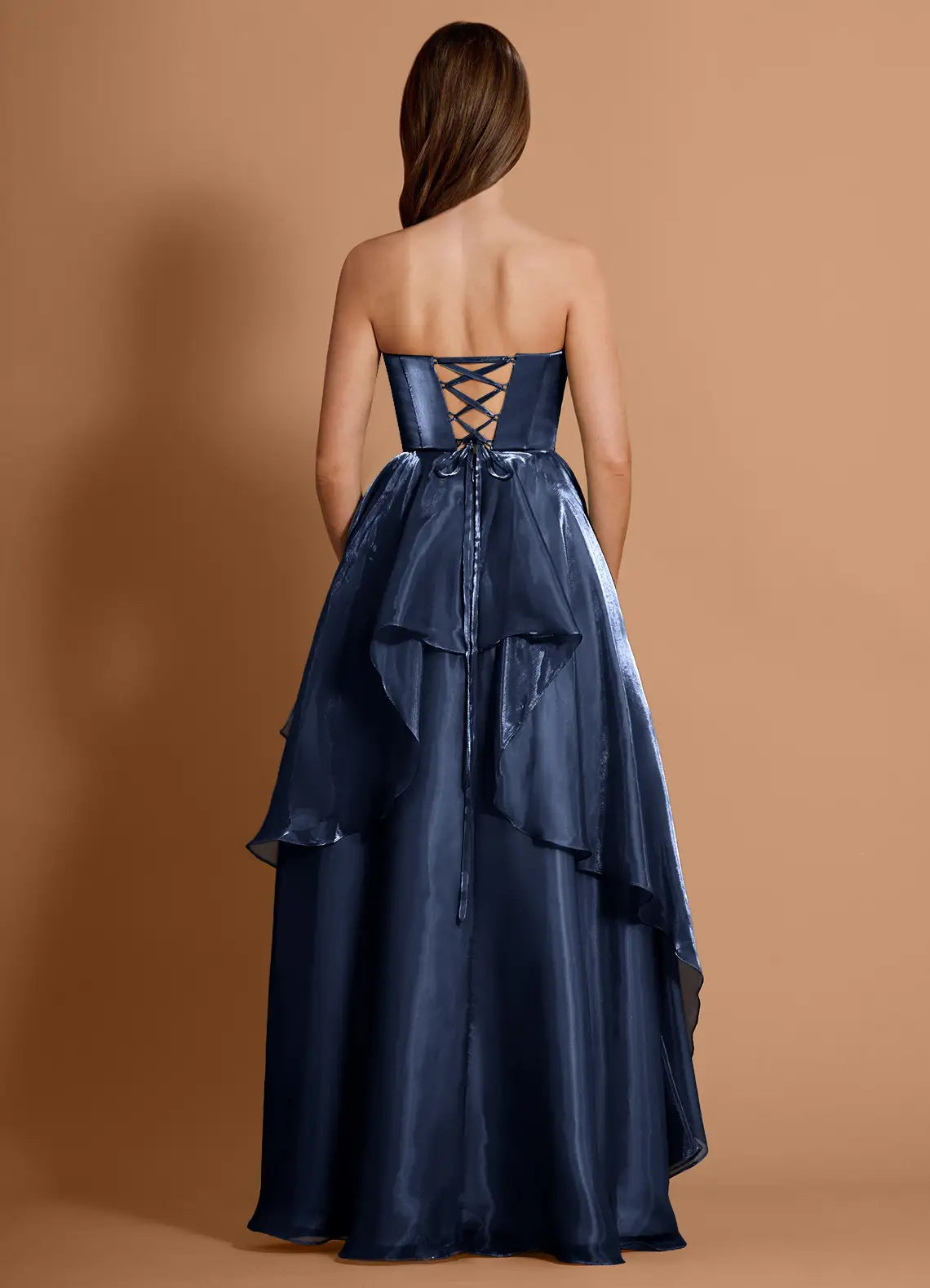 A-line Strapless Pleated Chiffon Navy Full Length Evening Dress With Slit
