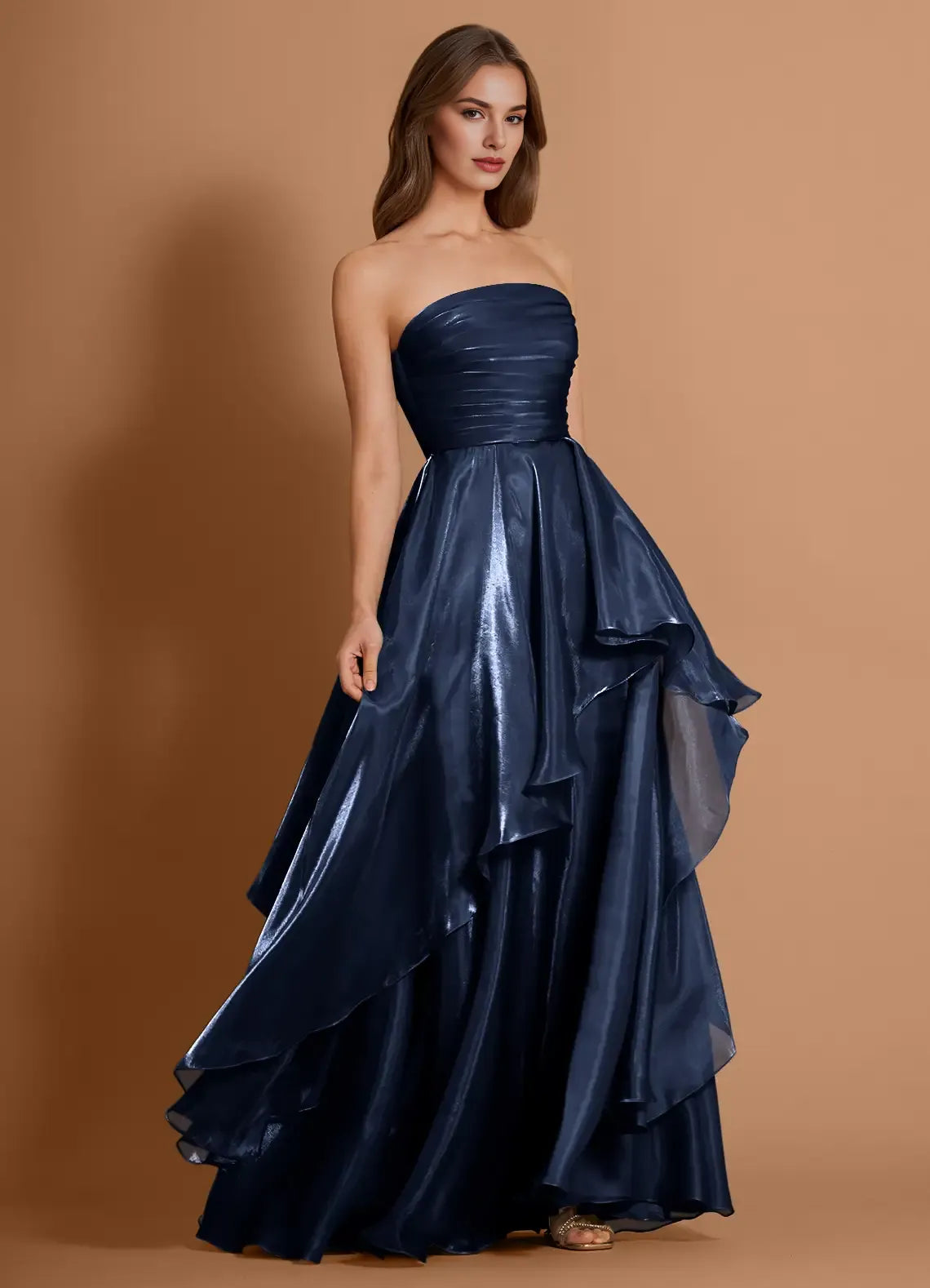 A-line Strapless Pleated Chiffon Navy Full Length Evening Dress With Slit