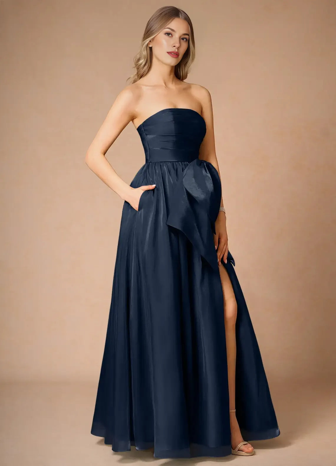A-line Strapless Pleated Satin Chiffon Navy Full Length Evening Dress With Pocket