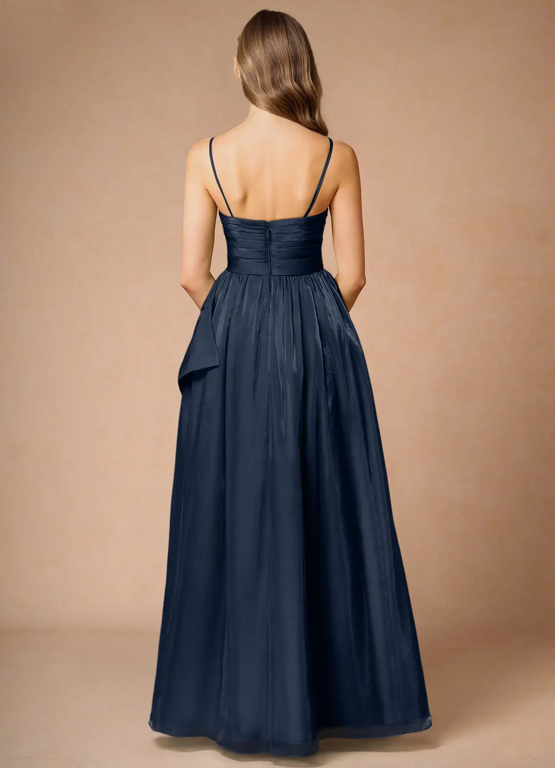 A-line Strapless Pleated Satin Chiffon Navy Full Length Evening Dress With Pocket