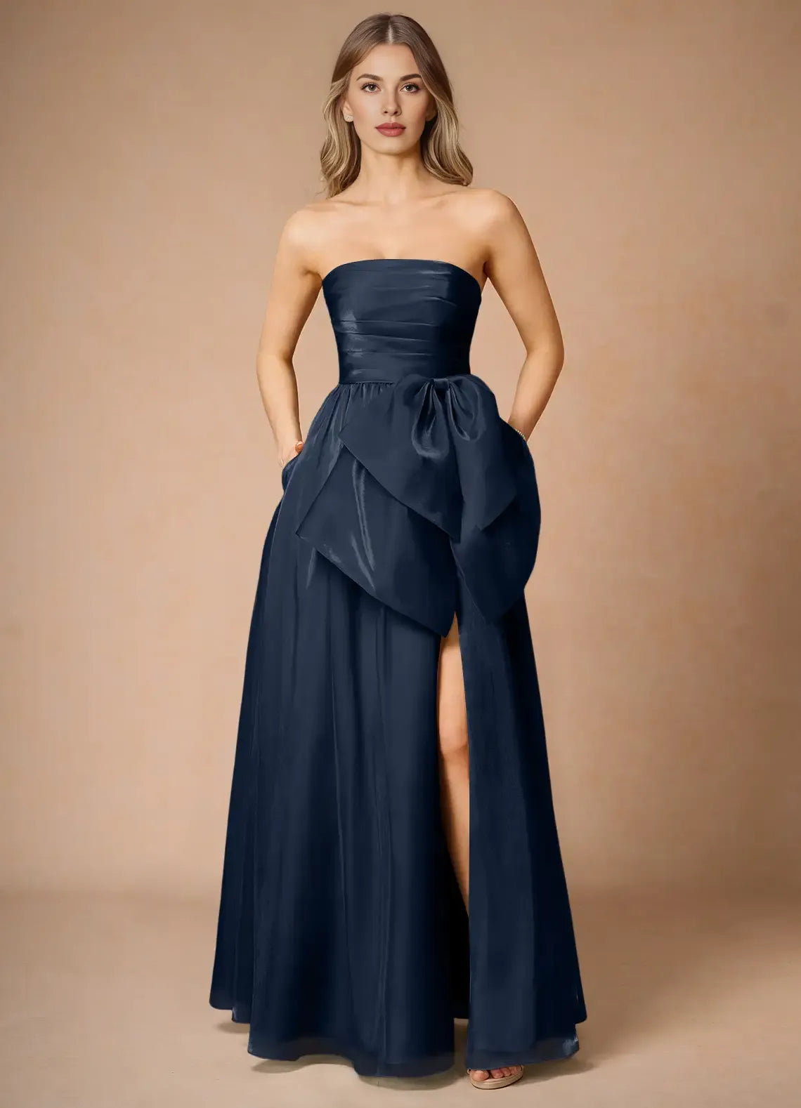 A-line Strapless Pleated Satin Chiffon Navy Full Length Evening Dress With Pocket