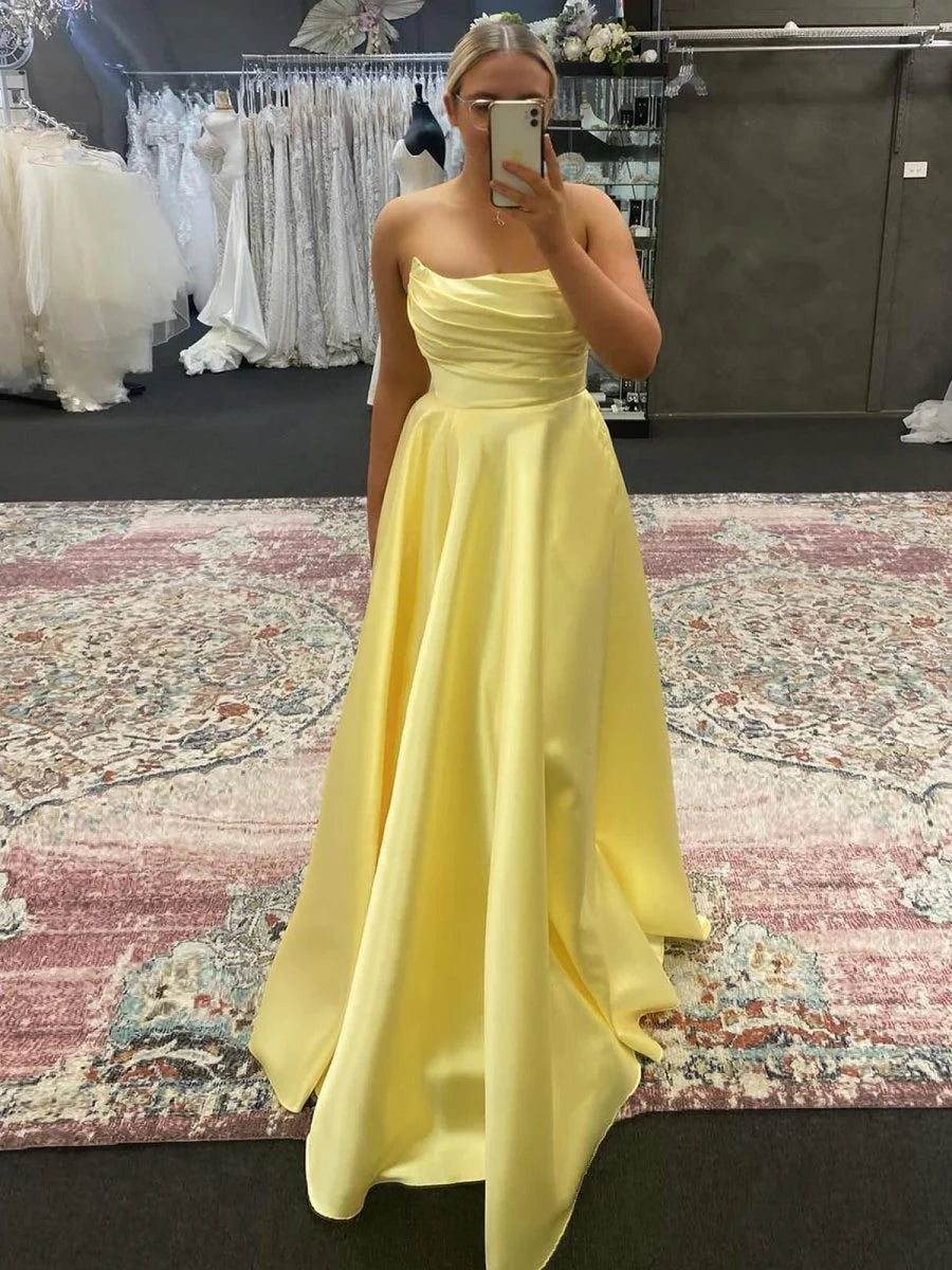 A-line Strapless Pleated Satin Sage Green Long Prom Dress With Slit