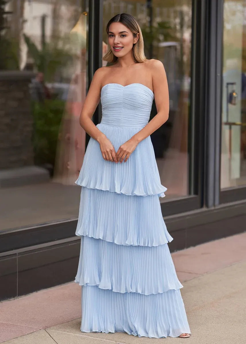 A-line Strapless Ruffle Tiered Tulle Sky Blue Floor Length Prom Dress