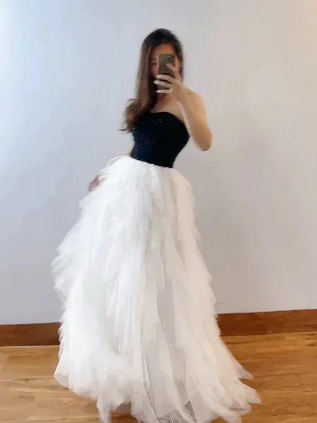 A-line Strapless Ruffle Tulle Black And White Long Prom Dress Hot Sale
