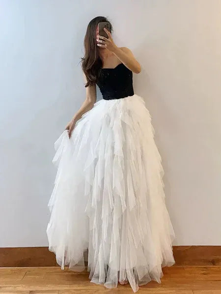 A-line Strapless Ruffle Tulle Black And White Long Prom Dress Hot Sale