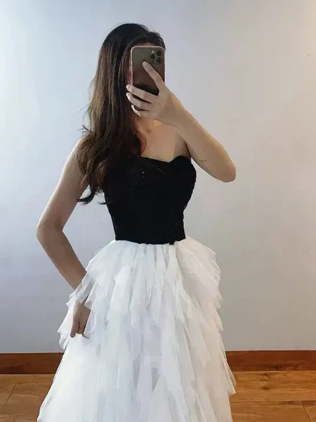 A-line Strapless Ruffle Tulle Black And White Long Prom Dress Hot Sale