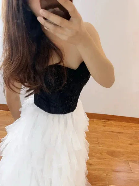A-line Strapless Ruffle Tulle Black And White Long Prom Dress Hot Sale