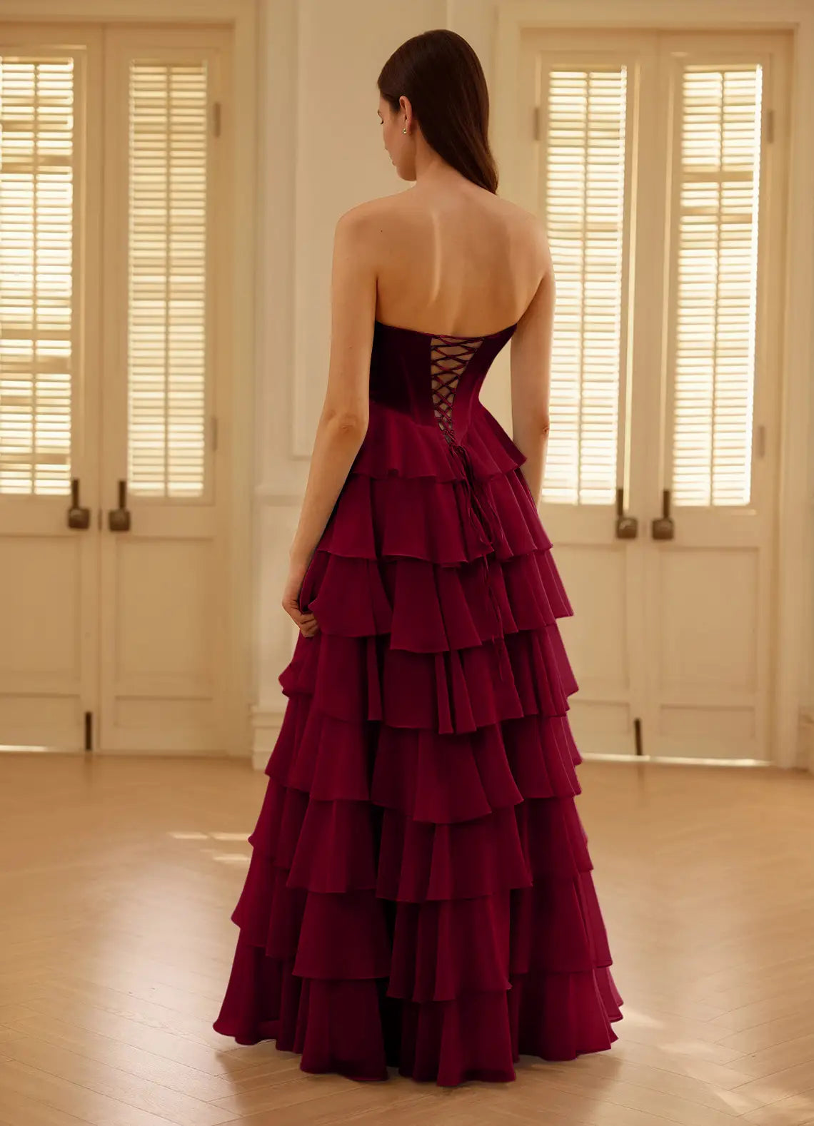A-line Strapless Ruffled Tiered Chiffon Satin Merlot Full Length Prom Dress