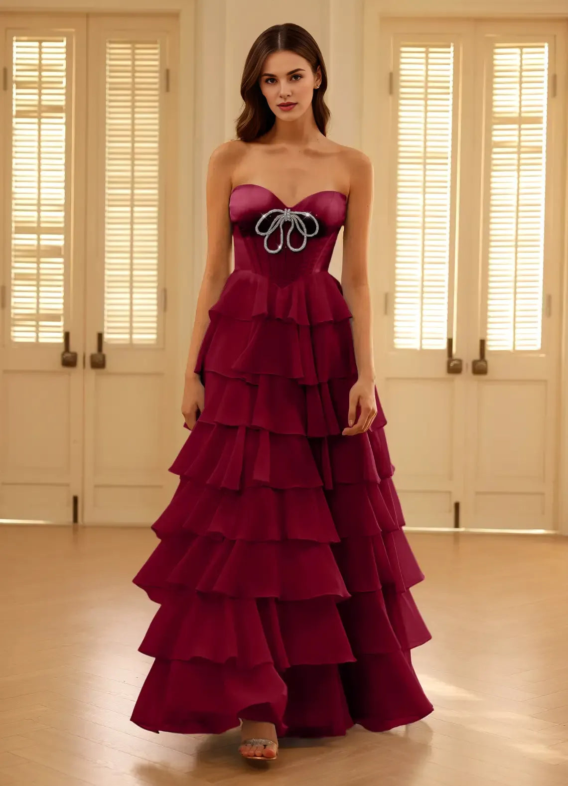 A-line Strapless Ruffled Tiered Chiffon Satin Merlot Full Length Prom Dress