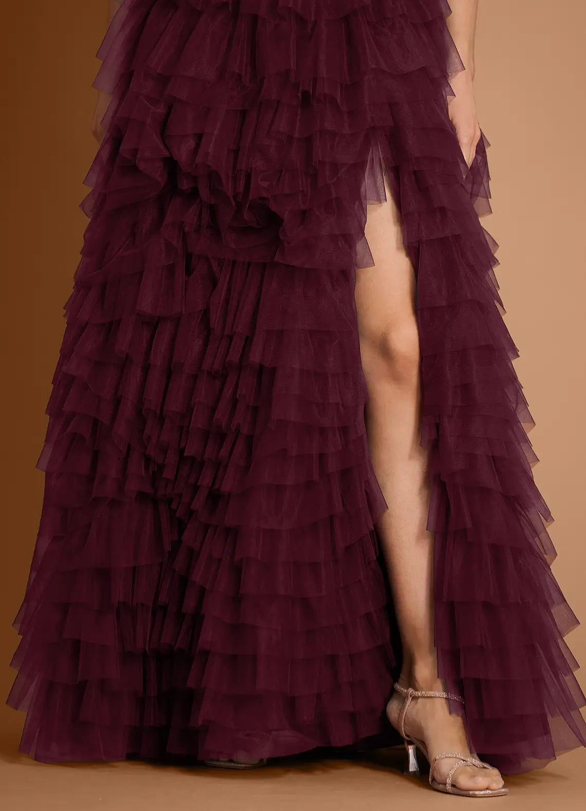 A-line Strapless Tiered Tulle Velvet Wine Maxi Evening Dress For Women