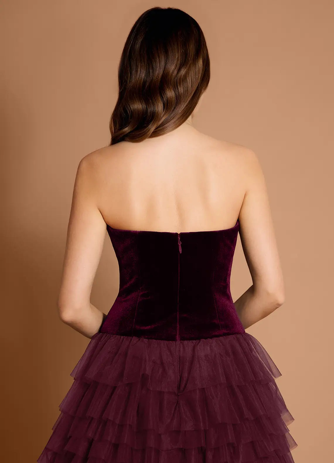 A-line Strapless Tiered Tulle Velvet Wine Maxi Evening Dress For Women