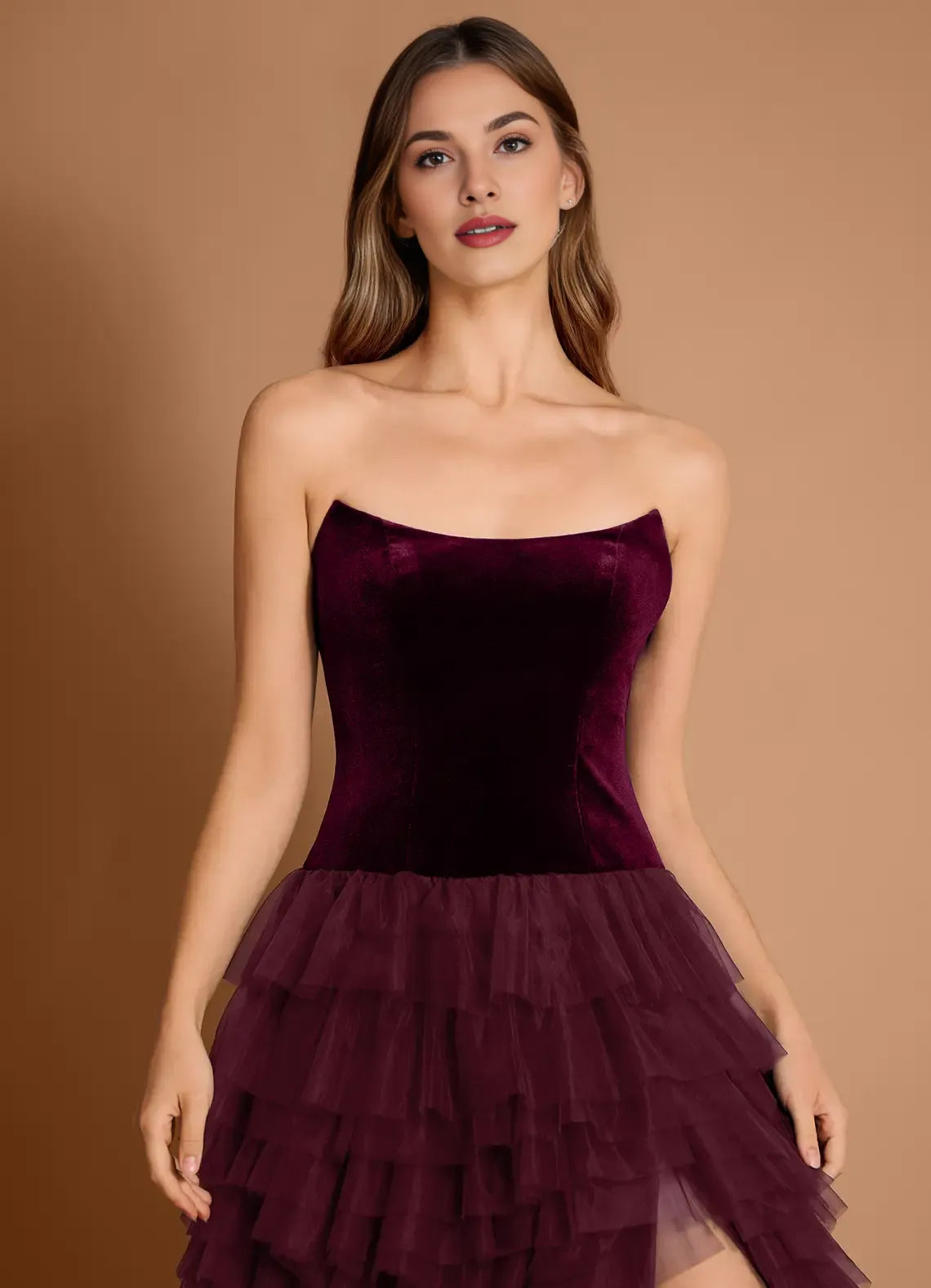 A-line Strapless Tiered Tulle Velvet Wine Maxi Evening Dress For Women