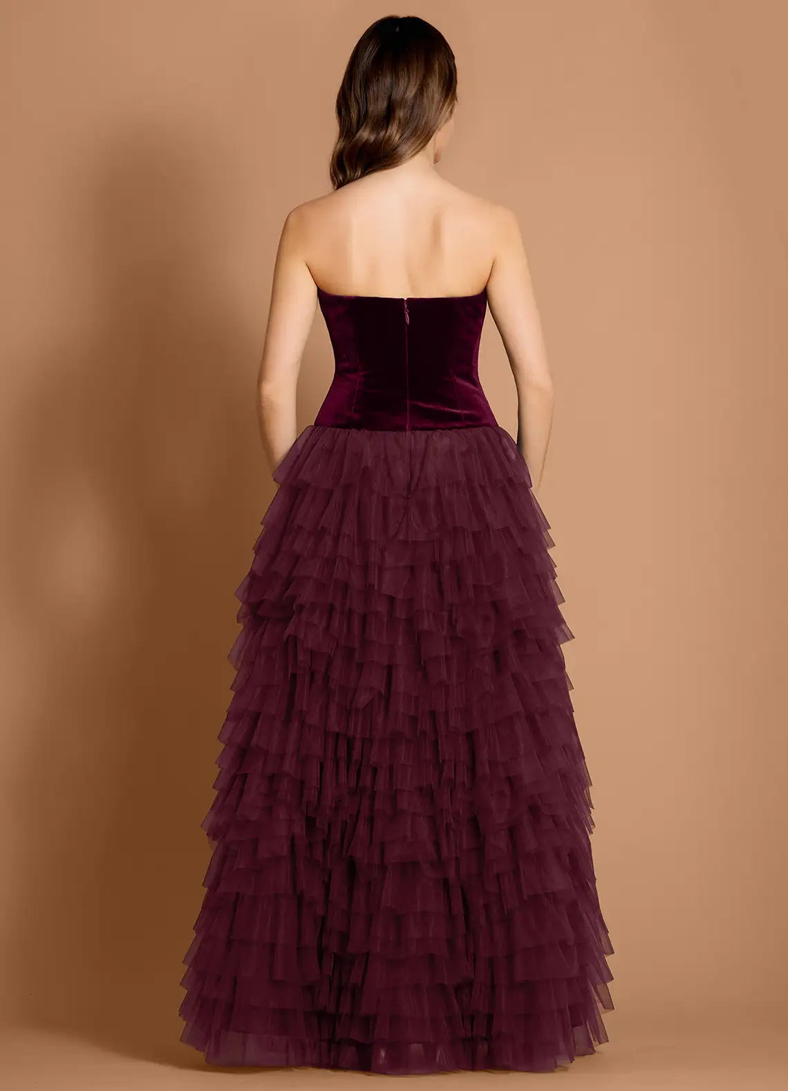 A-line Strapless Tiered Tulle Velvet Wine Maxi Evening Dress For Women