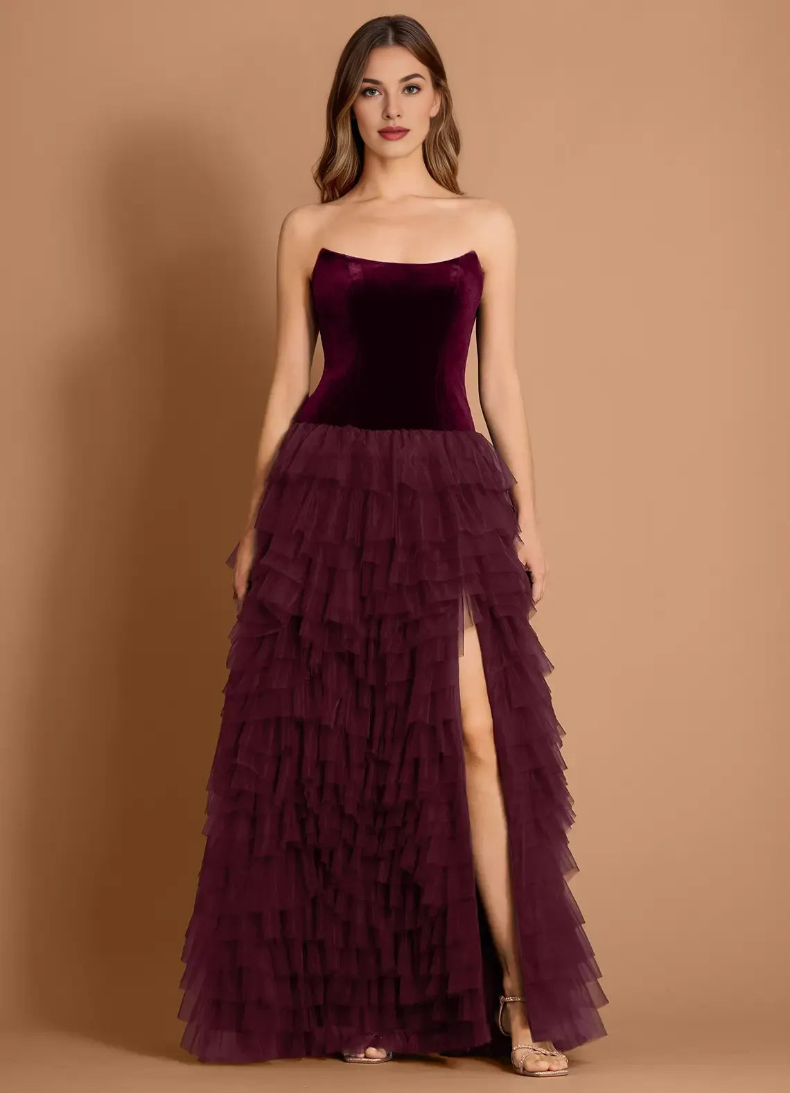 A-line Strapless Tiered Tulle Velvet Wine Maxi Evening Dress For Women