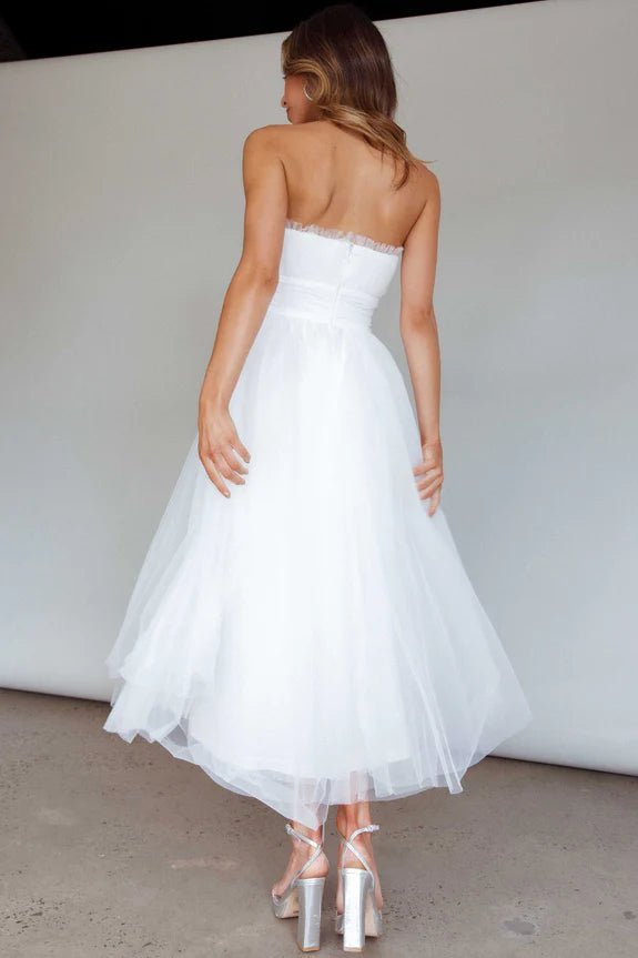 A-line Strapless Tulle Mesh Blush Midi Evening Dress Party Dress Hot Sale