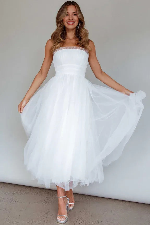 A-line Strapless Tulle Mesh Blush Midi Evening Dress Party Dress Hot Sale