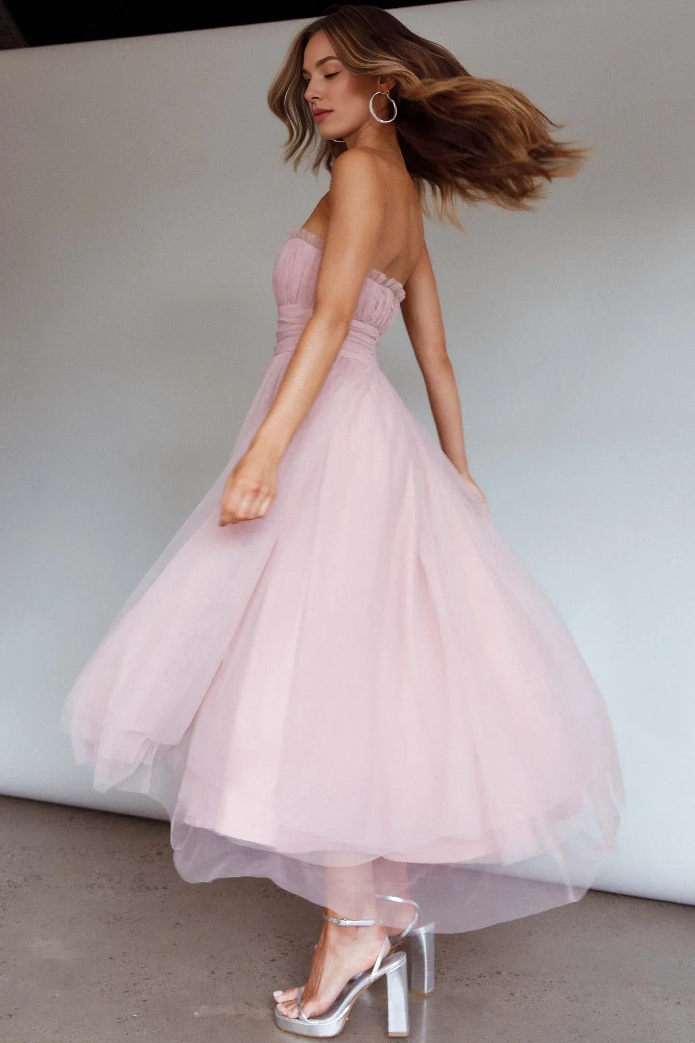 A-line Strapless Tulle Mesh Blush Midi Evening Dress Party Dress Hot Sale