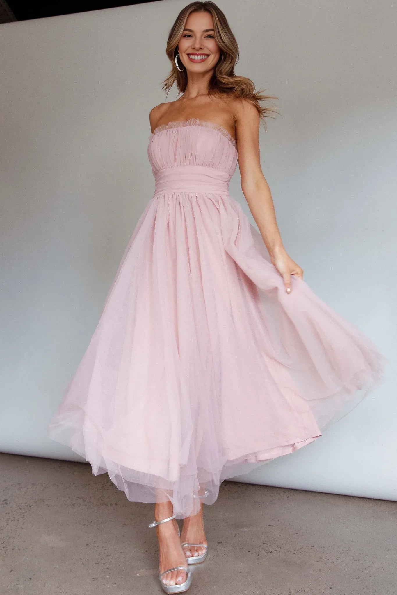 A-line Strapless Tulle Mesh Blush Midi Evening Dress Party Dress Hot Sale