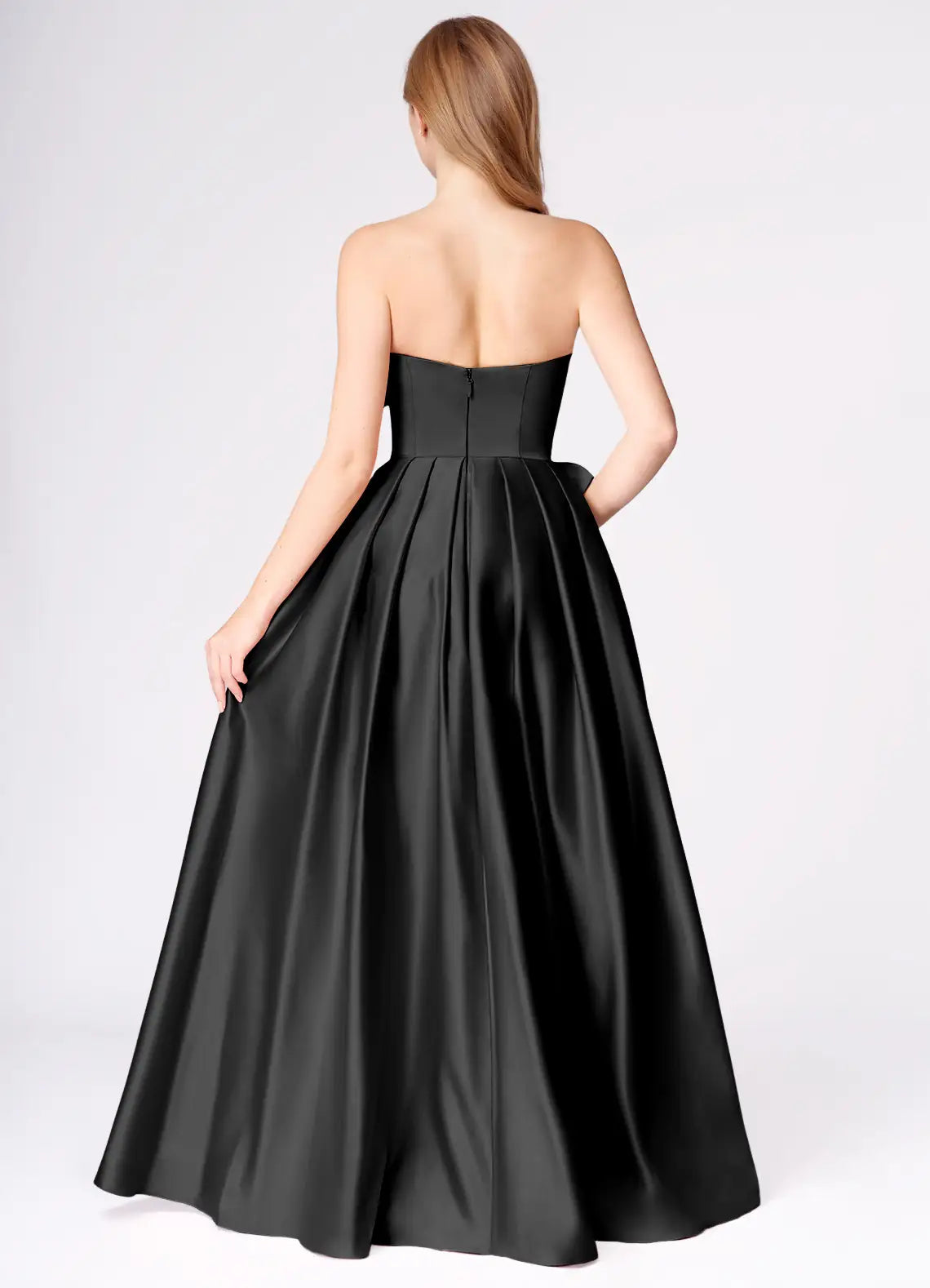 A-line Strapless Twist Pleated Black Full Length Evening Dress With Slit