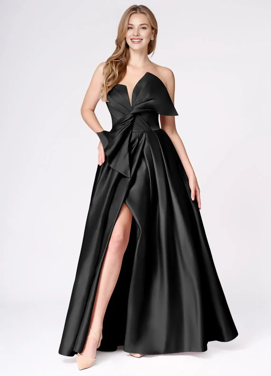 A-line Strapless Twist Pleated Black Full Length Evening Dress With Slit