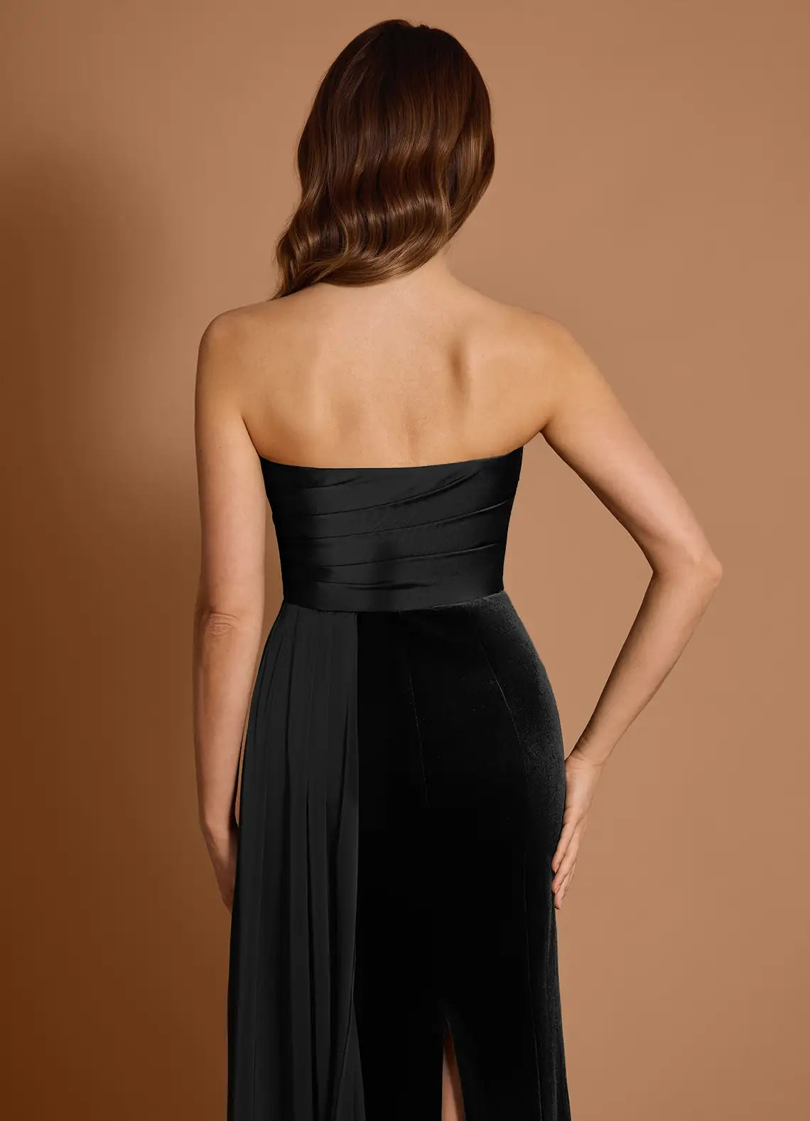 Mermaid Strapless Velvet Satin Black Maxi Evening Dress With Streamer