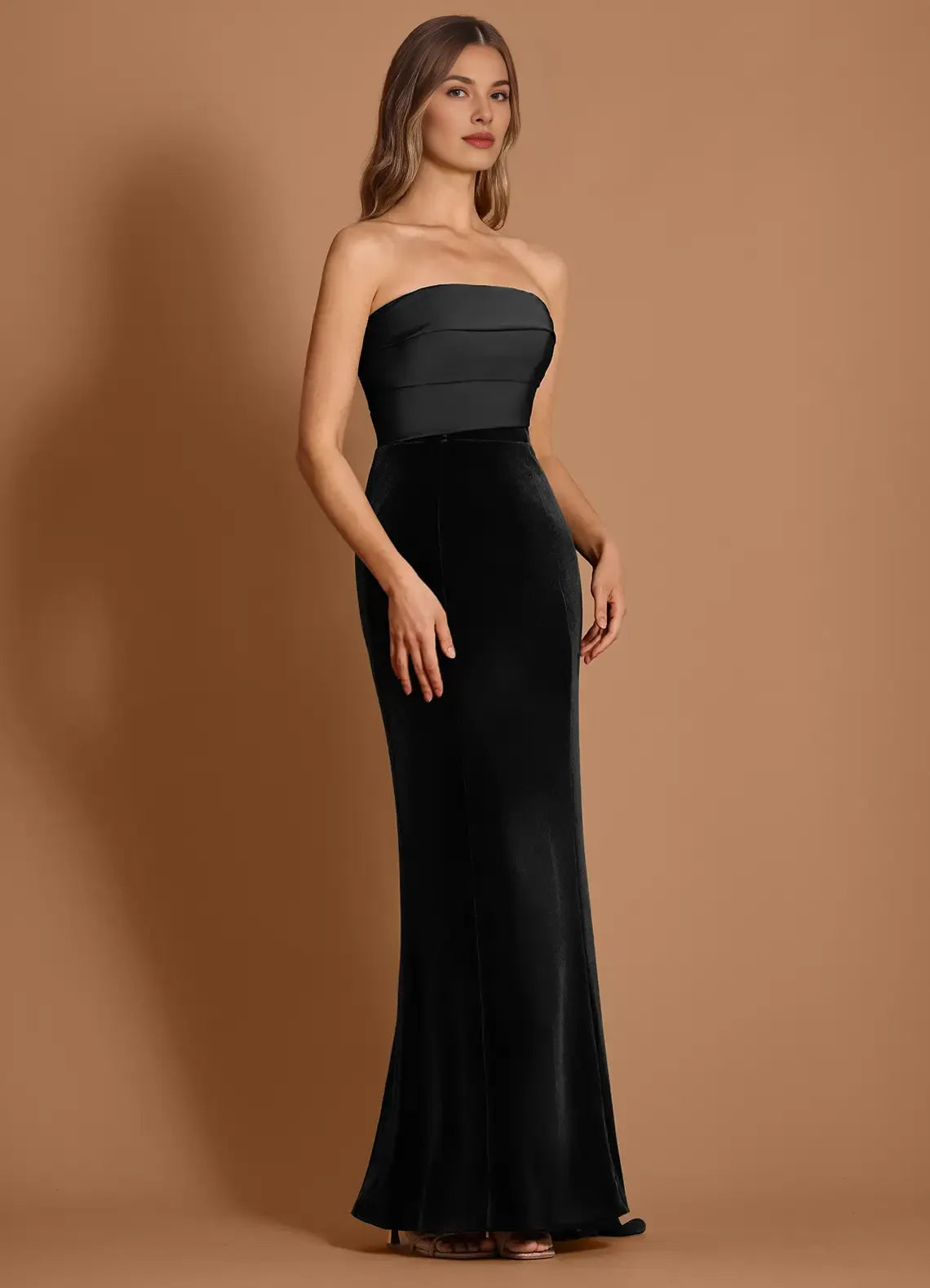 Mermaid Strapless Velvet Satin Black Maxi Evening Dress With Streamer