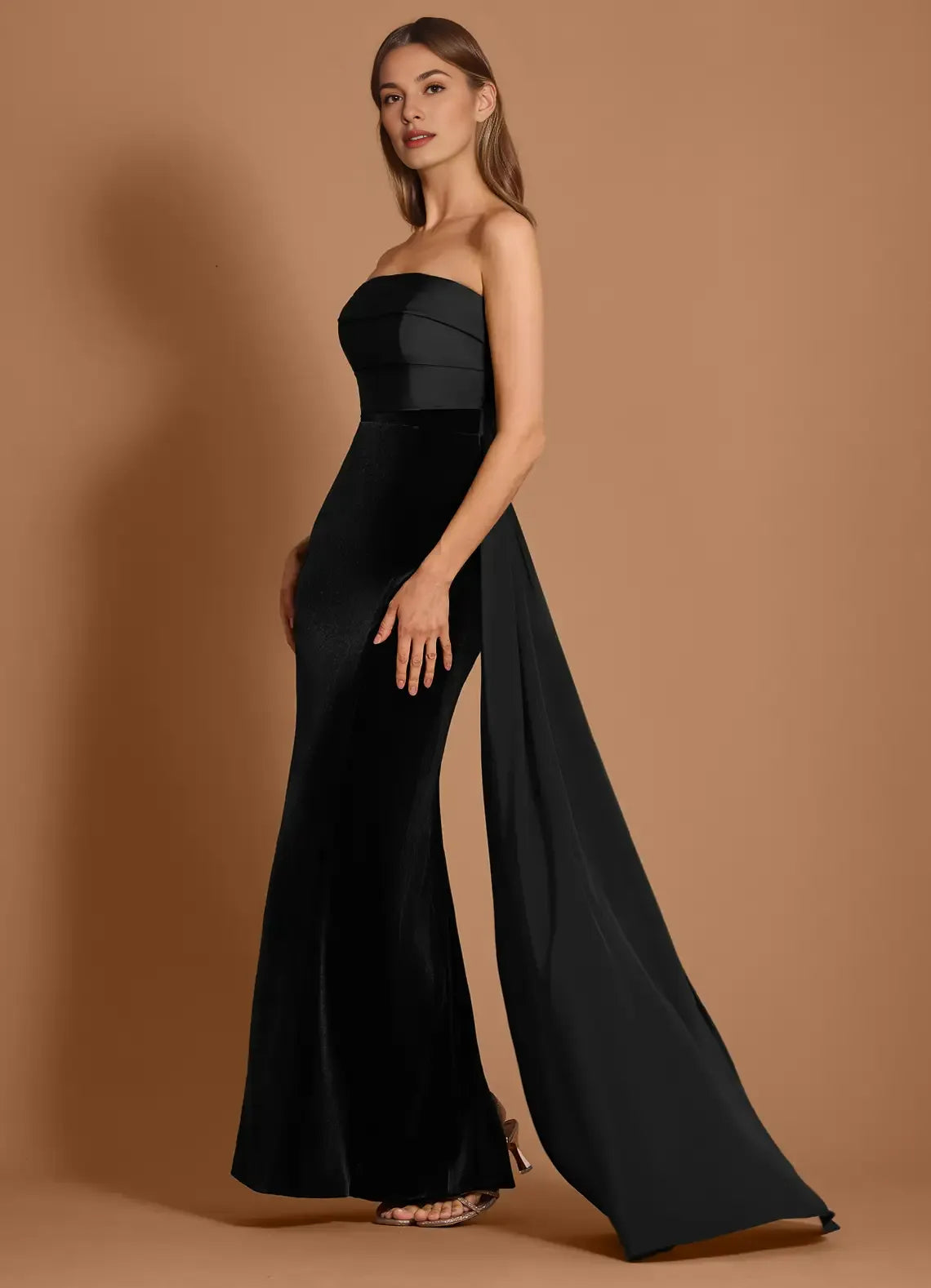 Mermaid Strapless Velvet Satin Black Maxi Evening Dress With Streamer