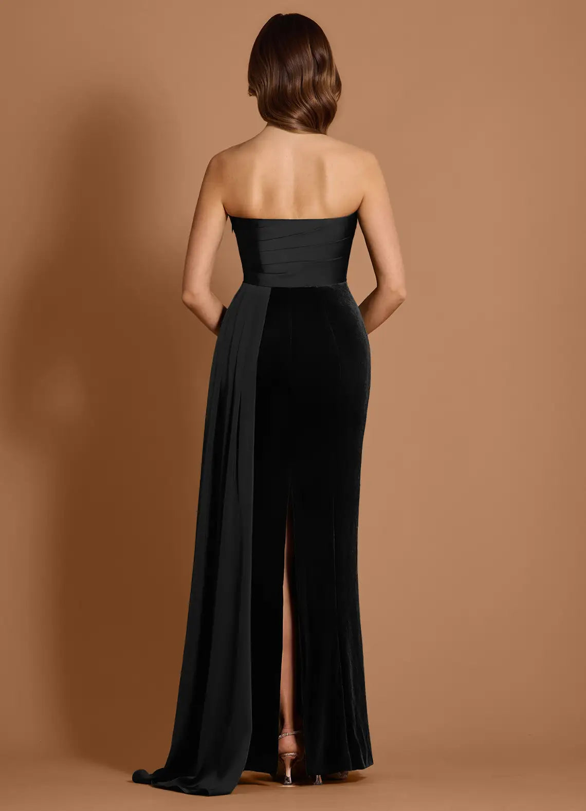 Mermaid Strapless Velvet Satin Black Maxi Evening Dress With Streamer