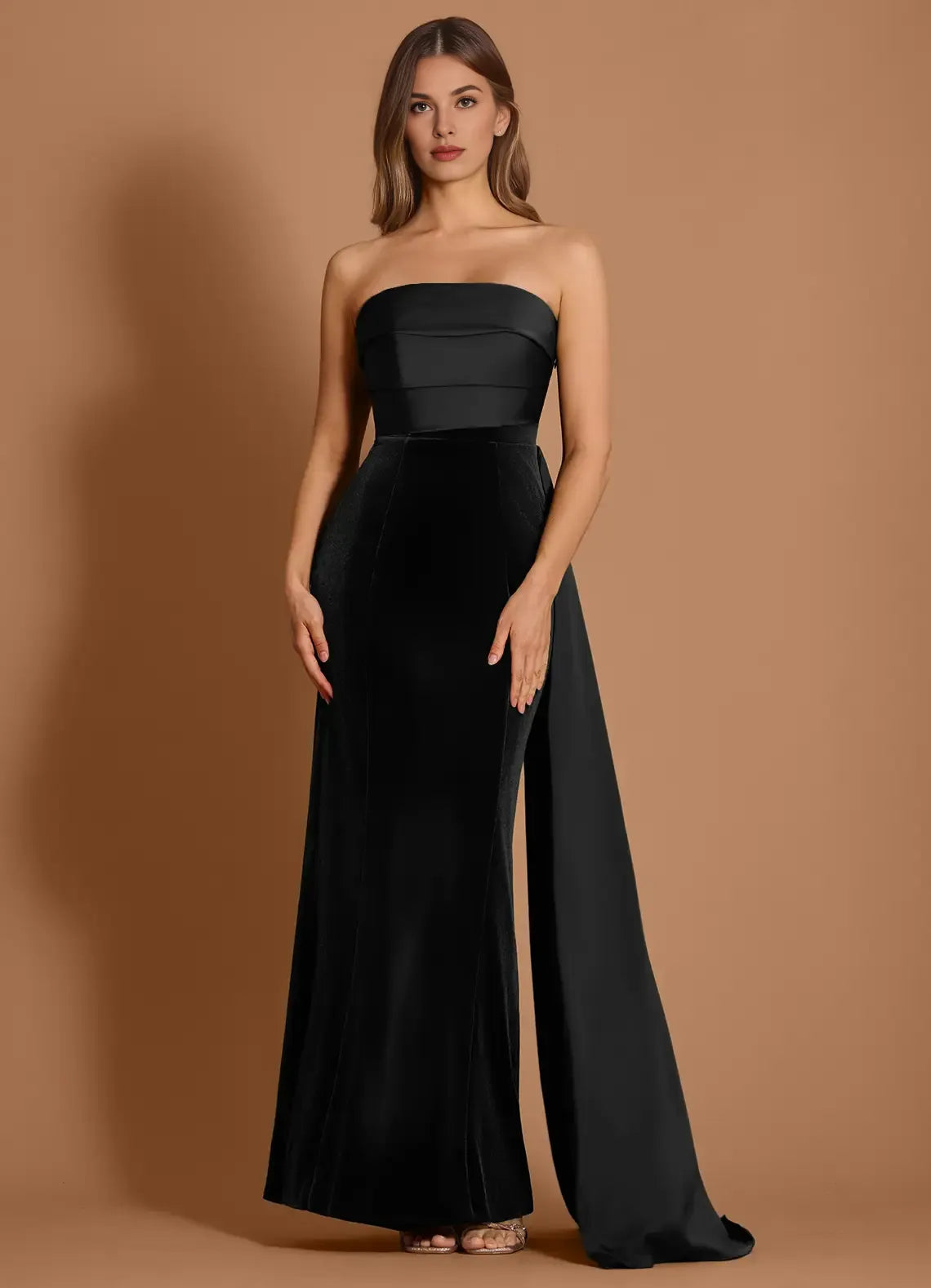 Mermaid Strapless Velvet Satin Black Maxi Evening Dress With Streamer