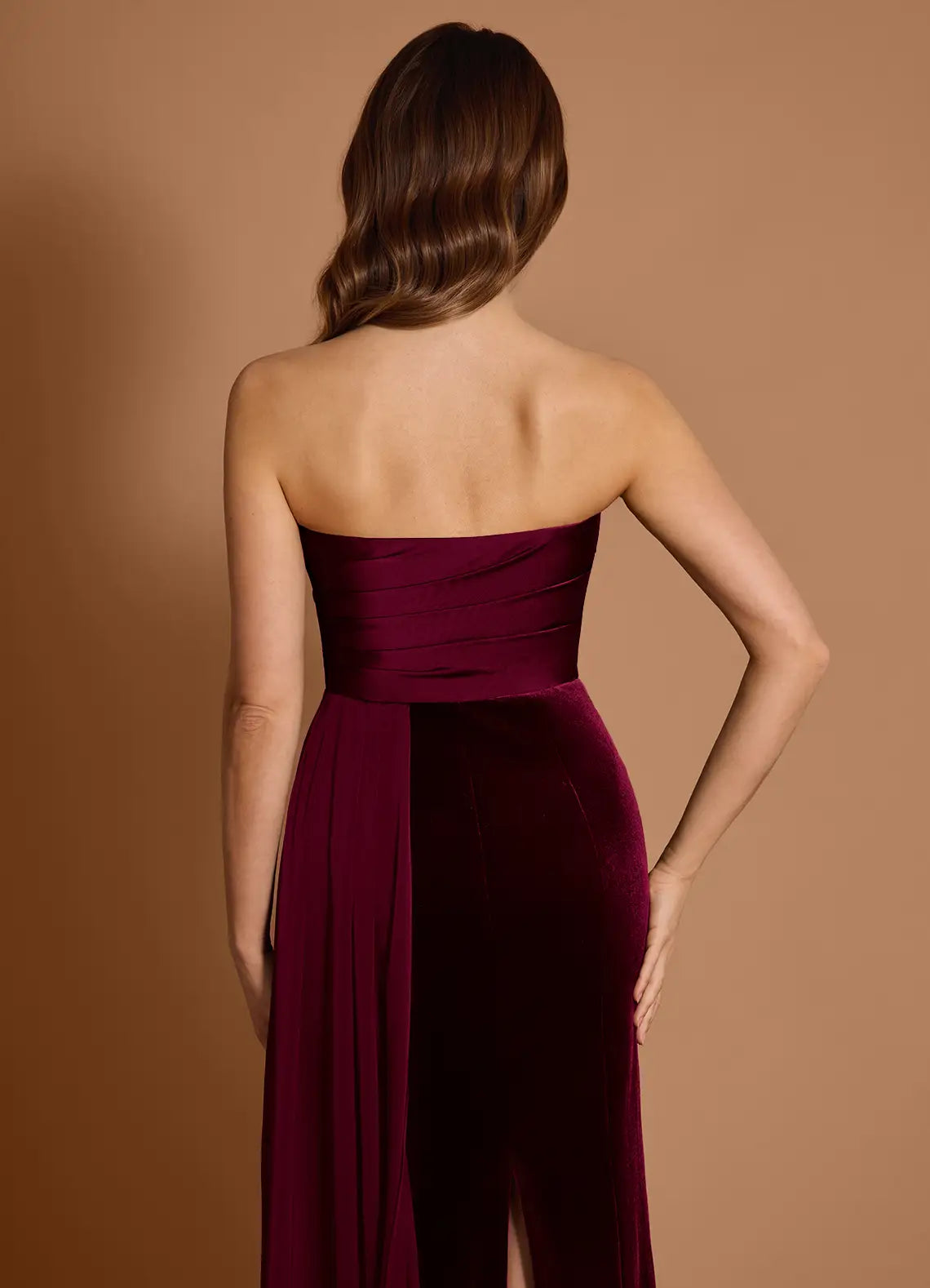 Mermaid Strapless Velvet Satin Wine Maxi Evening Dress With Streamer
