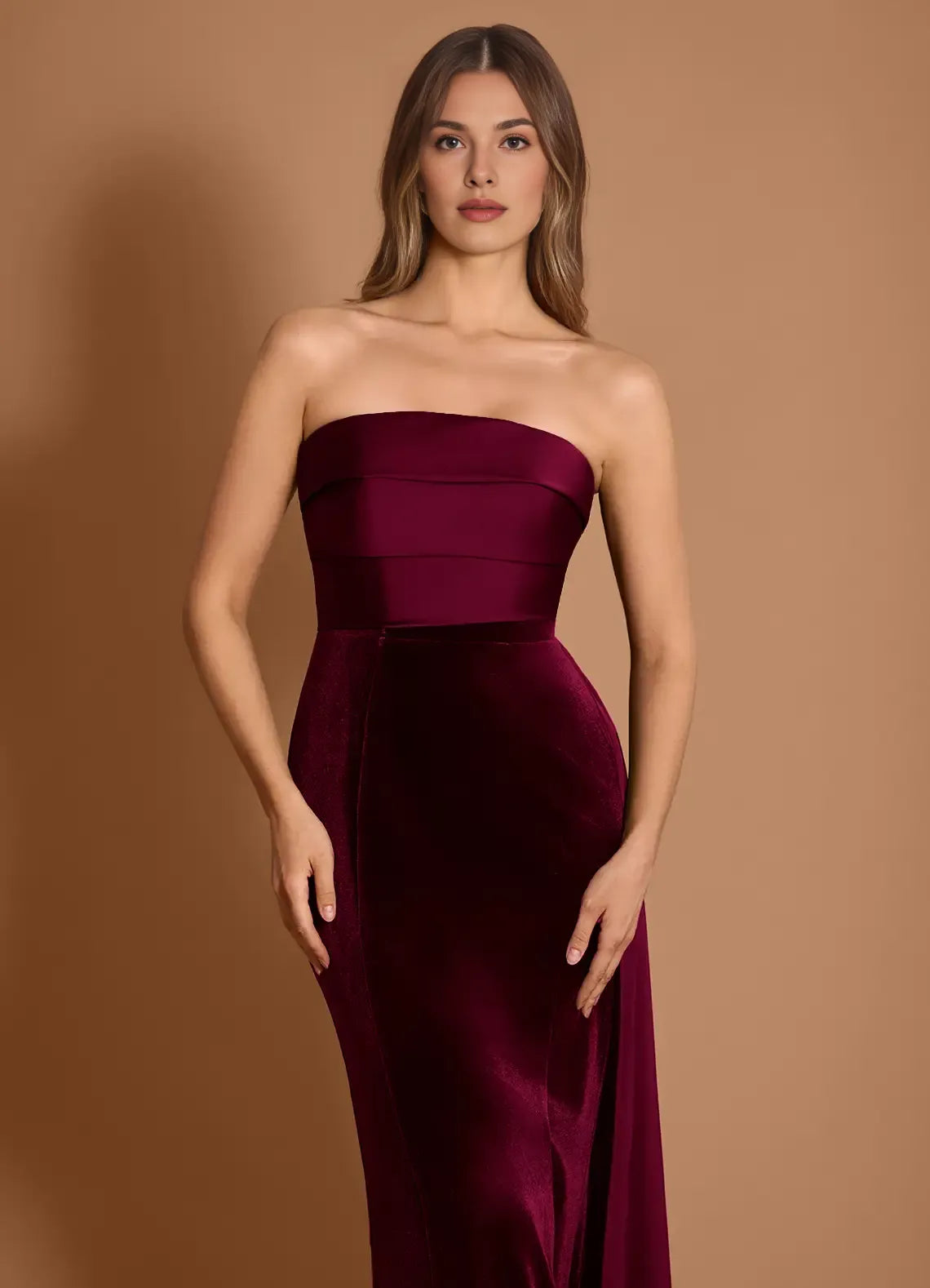 Mermaid Strapless Velvet Satin Wine Maxi Evening Dress With Streamer