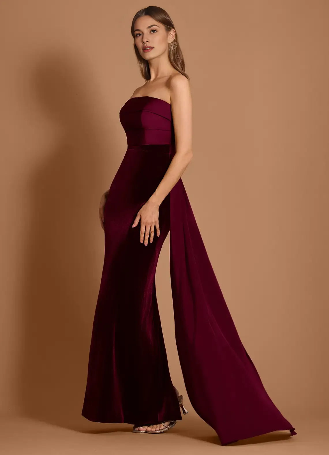 Mermaid Strapless Velvet Satin Wine Maxi Evening Dress With Streamer