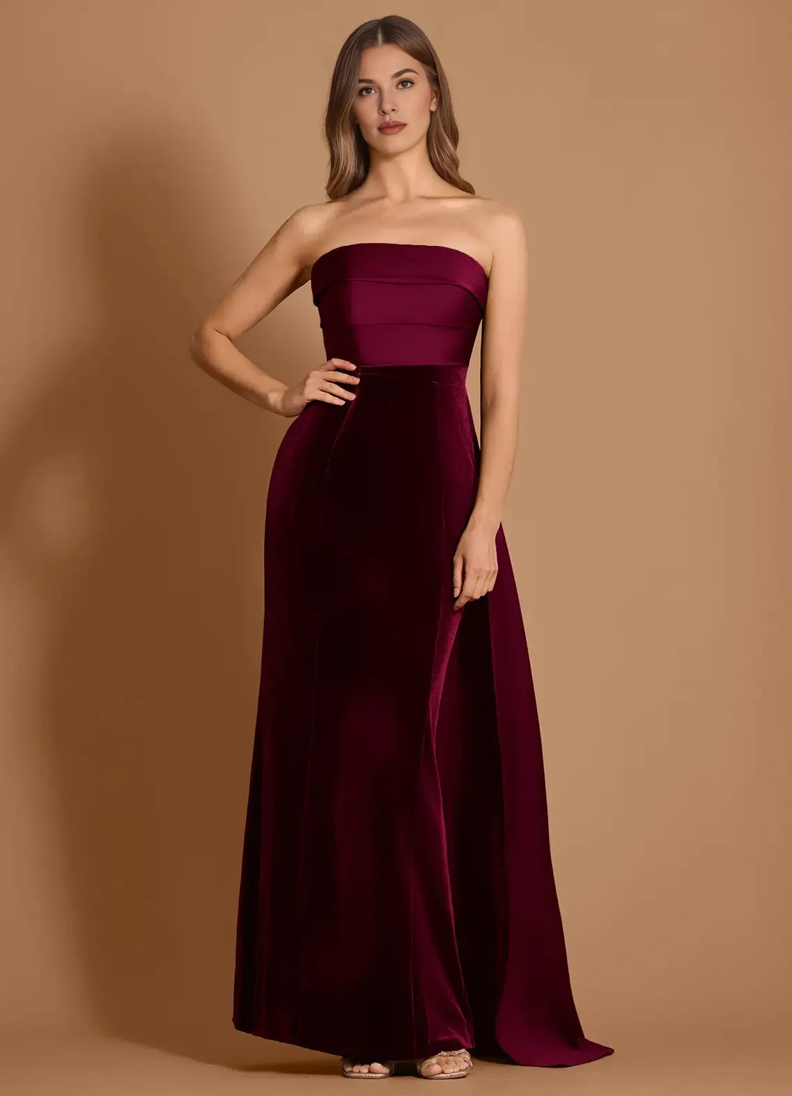 Mermaid Strapless Velvet Satin Wine Maxi Evening Dress With Streamer