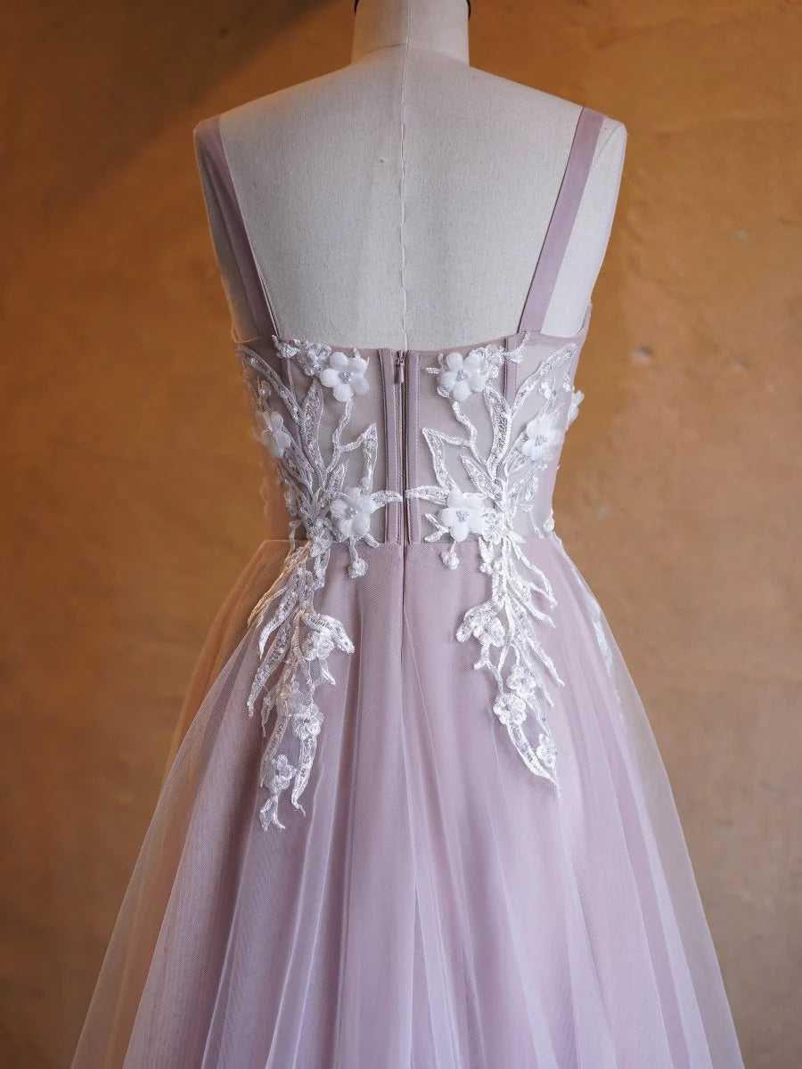 A-line Sweetheart Appliques Tulle Lavender Prom Dress With Sweep Train