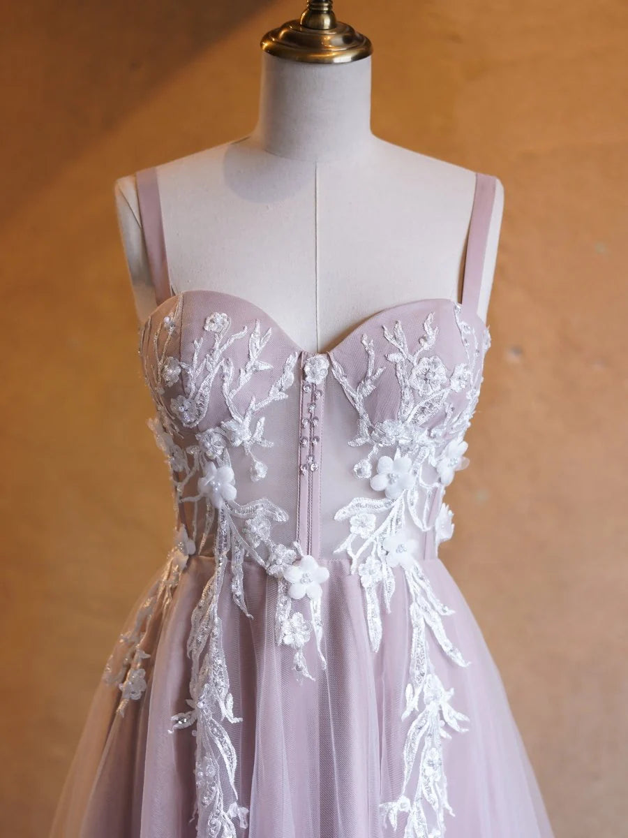 A-line Sweetheart Appliques Tulle Lavender Prom Dress With Sweep Train
