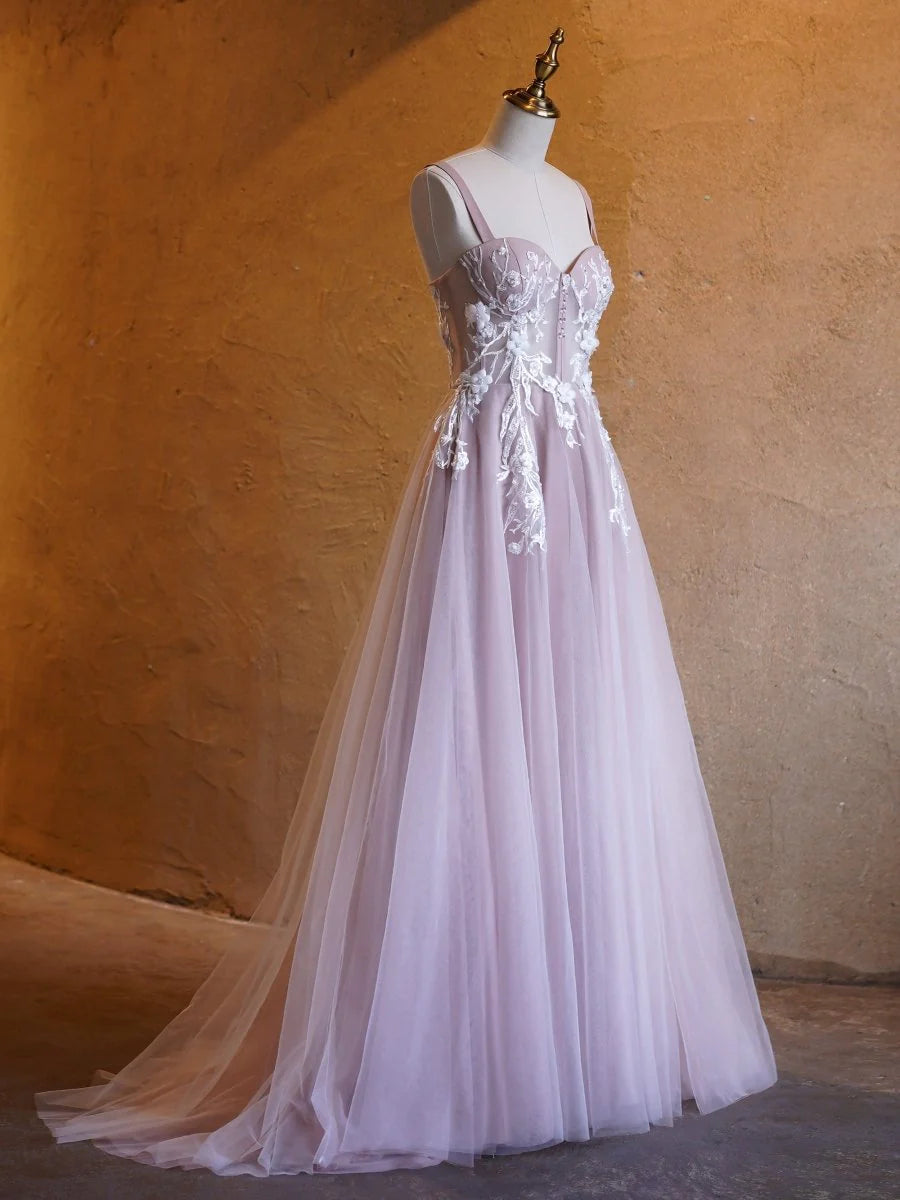 A-line Sweetheart Appliques Tulle Lavender Prom Dress With Sweep Train