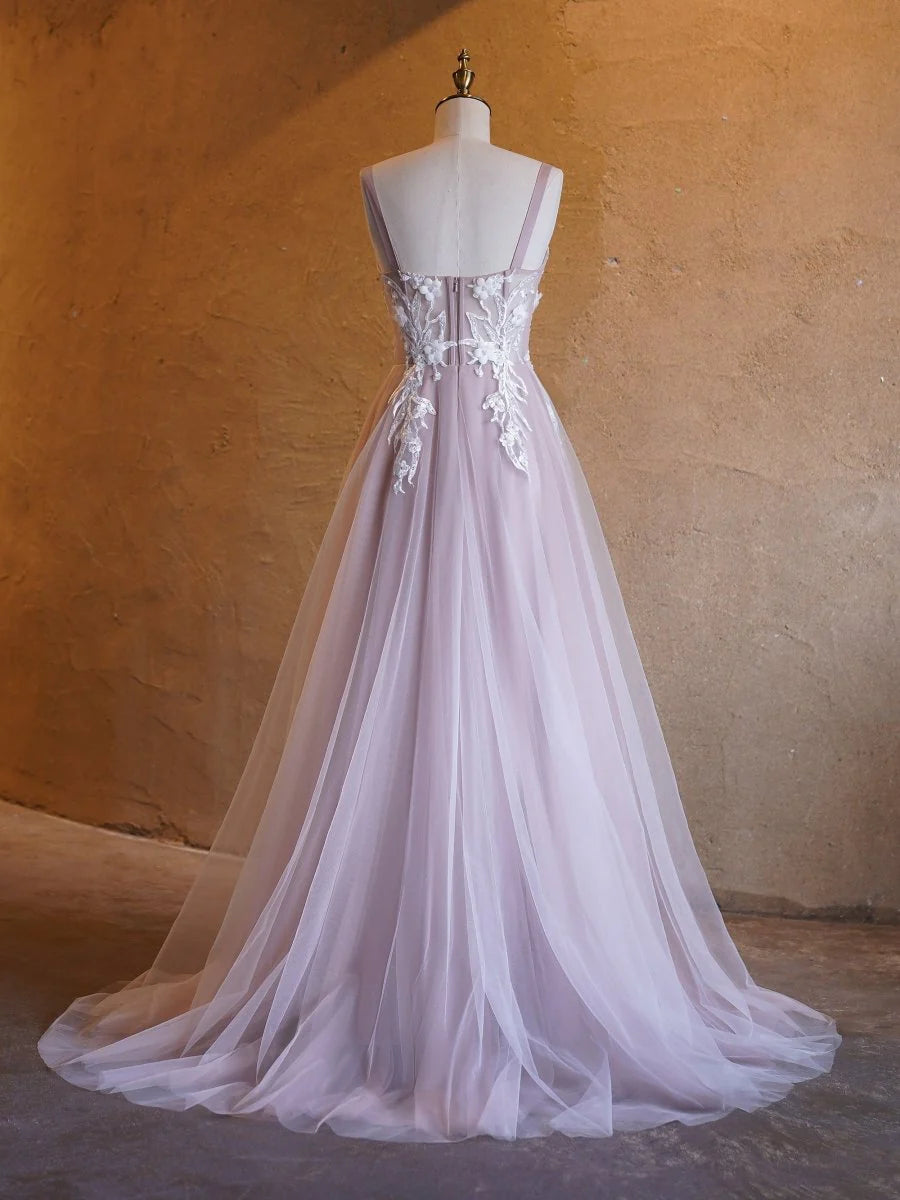 A-line Sweetheart Appliques Tulle Lavender Prom Dress With Sweep Train