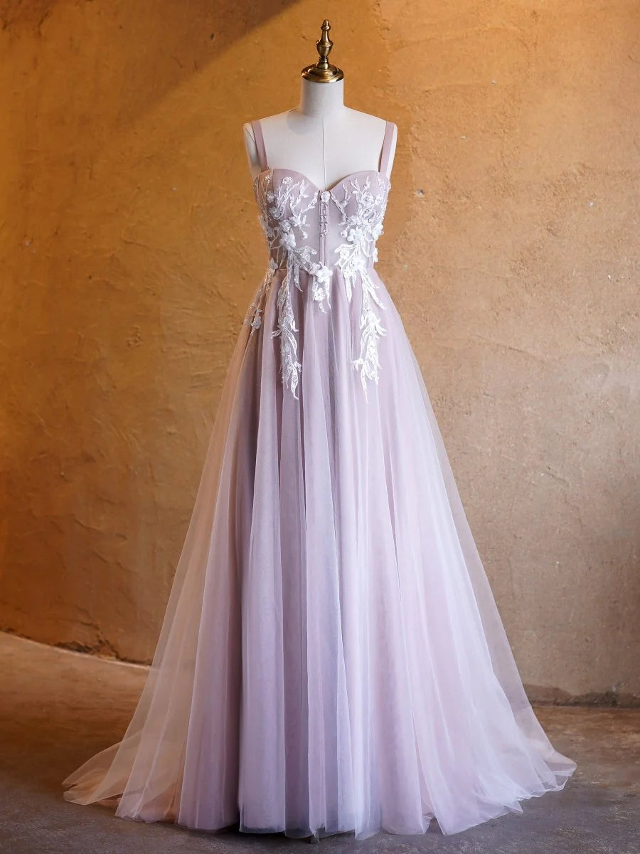 A-line Sweetheart Appliques Tulle Lavender Prom Dress With Sweep Train