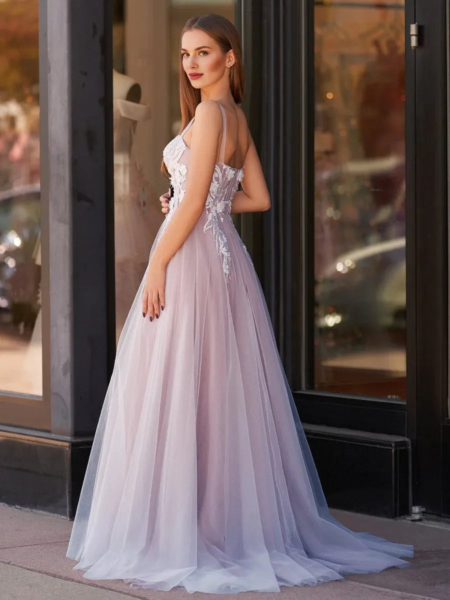 A-line Sweetheart Appliques Tulle Lavender Prom Dress With Sweep Train