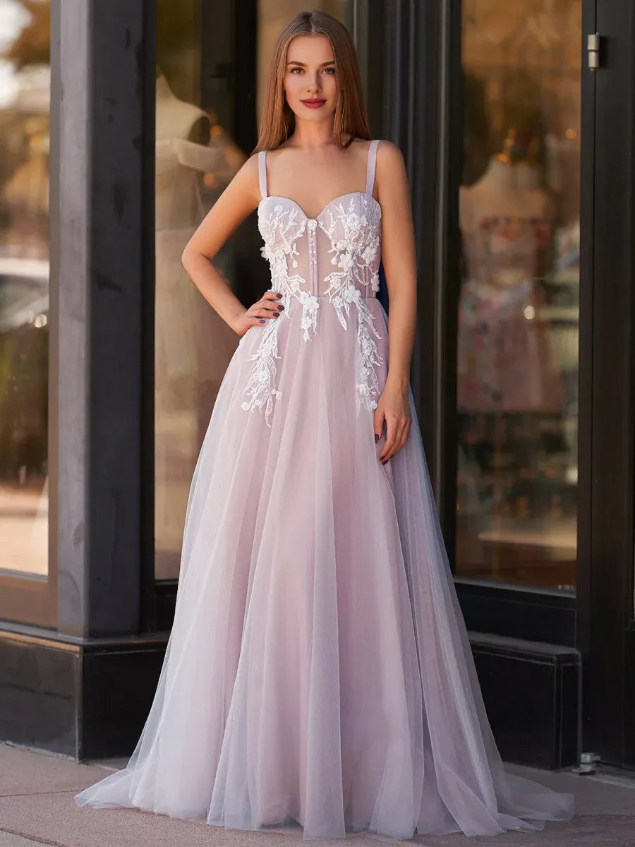 A-line Sweetheart Appliques Tulle Lavender Prom Dress With Sweep Train