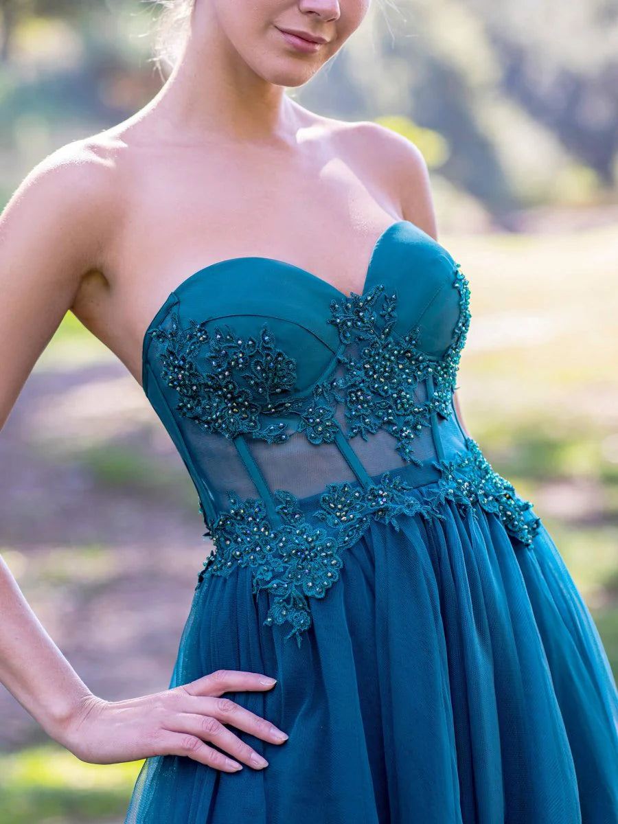A-line Sweetheart Beaded Applique Tulle Peacock Floor Length Prom Dress