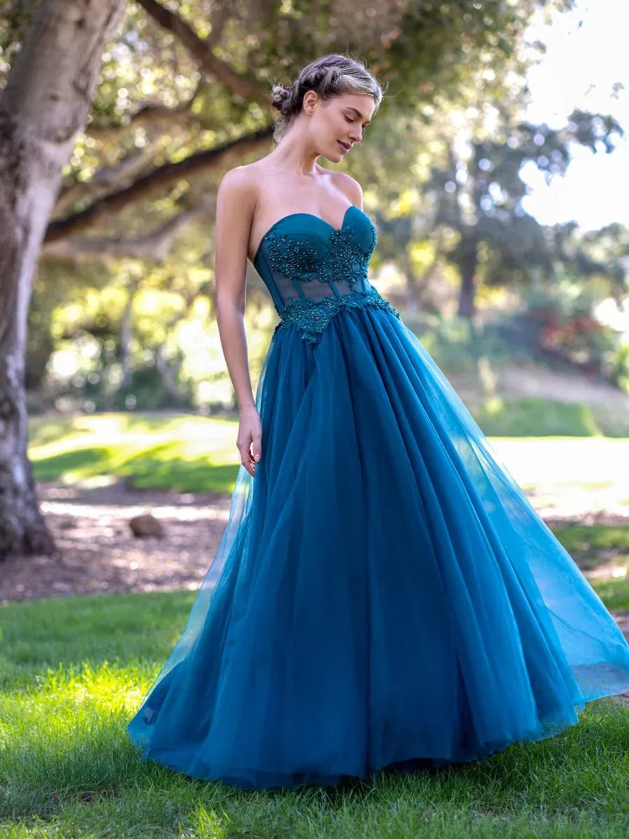 A-line Sweetheart Beaded Applique Tulle Peacock Floor Length Prom Dress