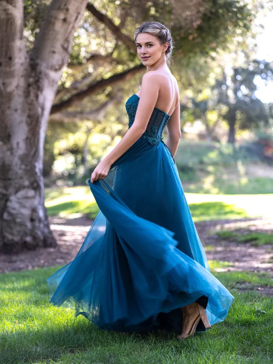 A-line Sweetheart Beaded Applique Tulle Peacock Floor Length Prom Dress